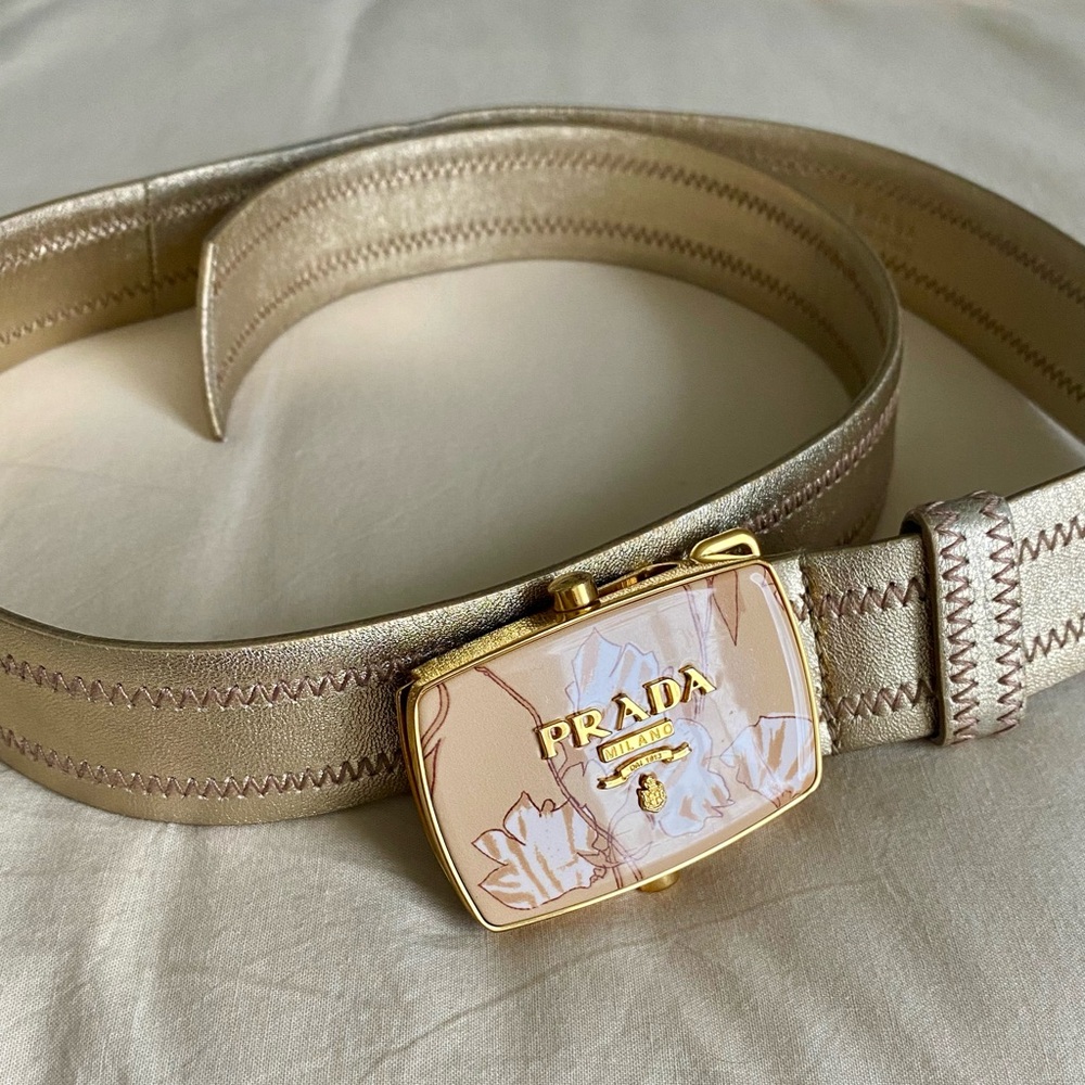 Vintage Prada Gold Metallic Belt with Floral Buckle Design